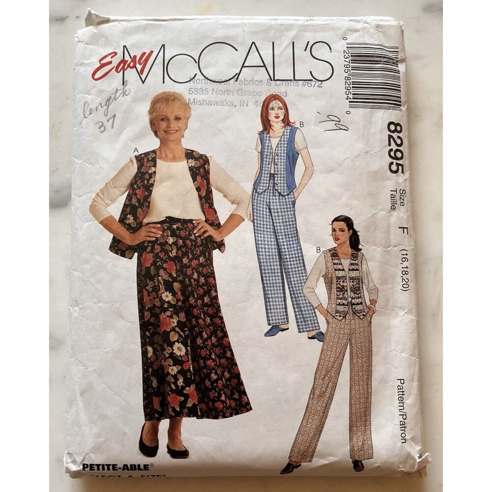 Vintage McCall’s Pattern 8295 Women’s Top Vest‎ Pants & Skirt Size 16-18-20 Cut